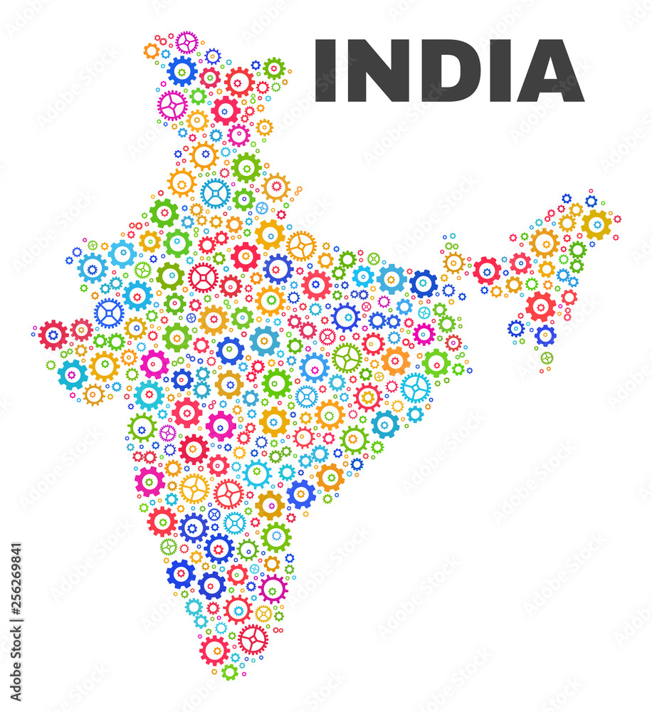 Mosaic technical India map isolated on a white background. Vector  geographic abstraction in different colors. Mosaic of India map combined of  scattered colorful gear elements. Stock Vector | Adobe Stock