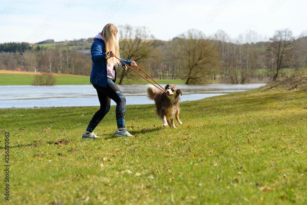 Sport mit Hund. Junge langhaarige Frau mit Hütehund am Seeufer