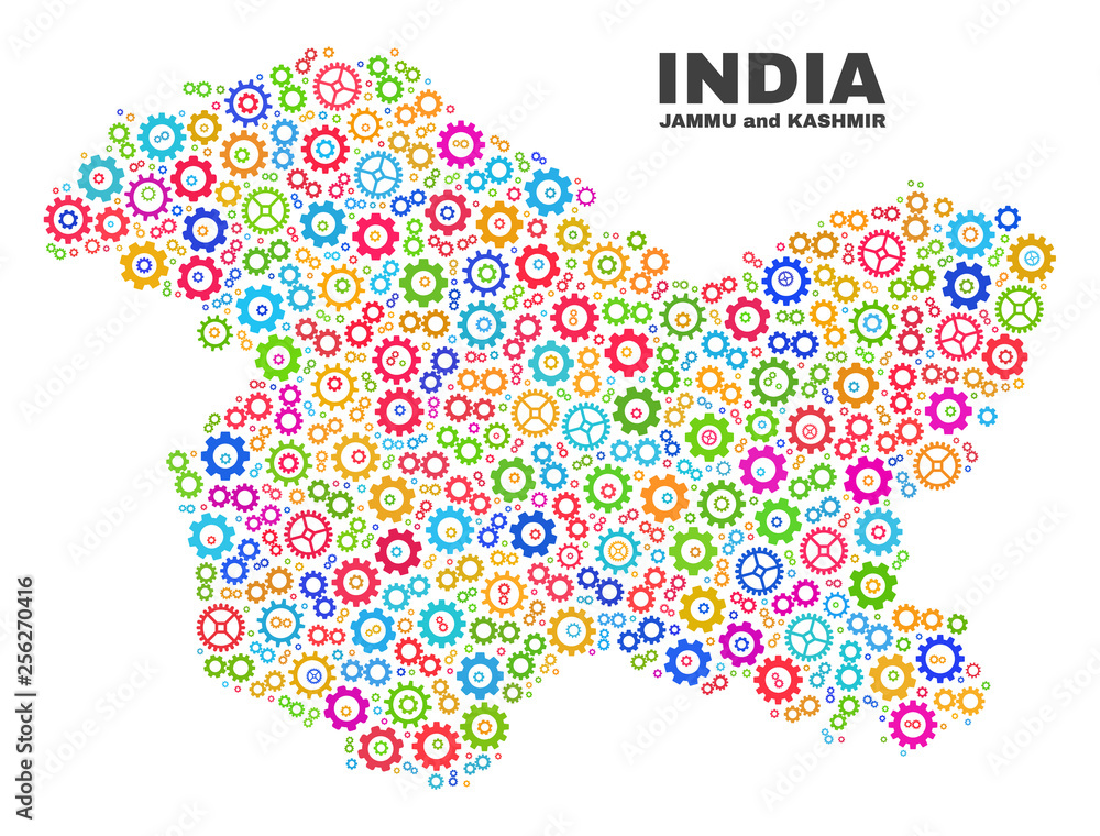 Mosaic technical Jammu and Kashmir State map isolated on a white background. Vector geographic abstraction in different colors.