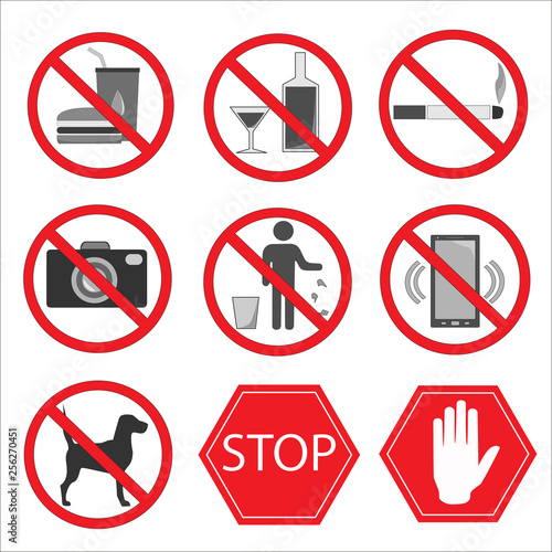 Set of prohibition signs. Don't eat, no alcohol, no smoking, no photography allowed, don't litter, calls prohibited, no dogs, stop, hand. Vector illustration.