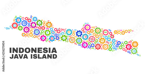 Mosaic technical Java Island map isolated on a white background. Vector geographic abstraction in different colors. Mosaic of Java Island map combined of scattered multi-colored gear items.