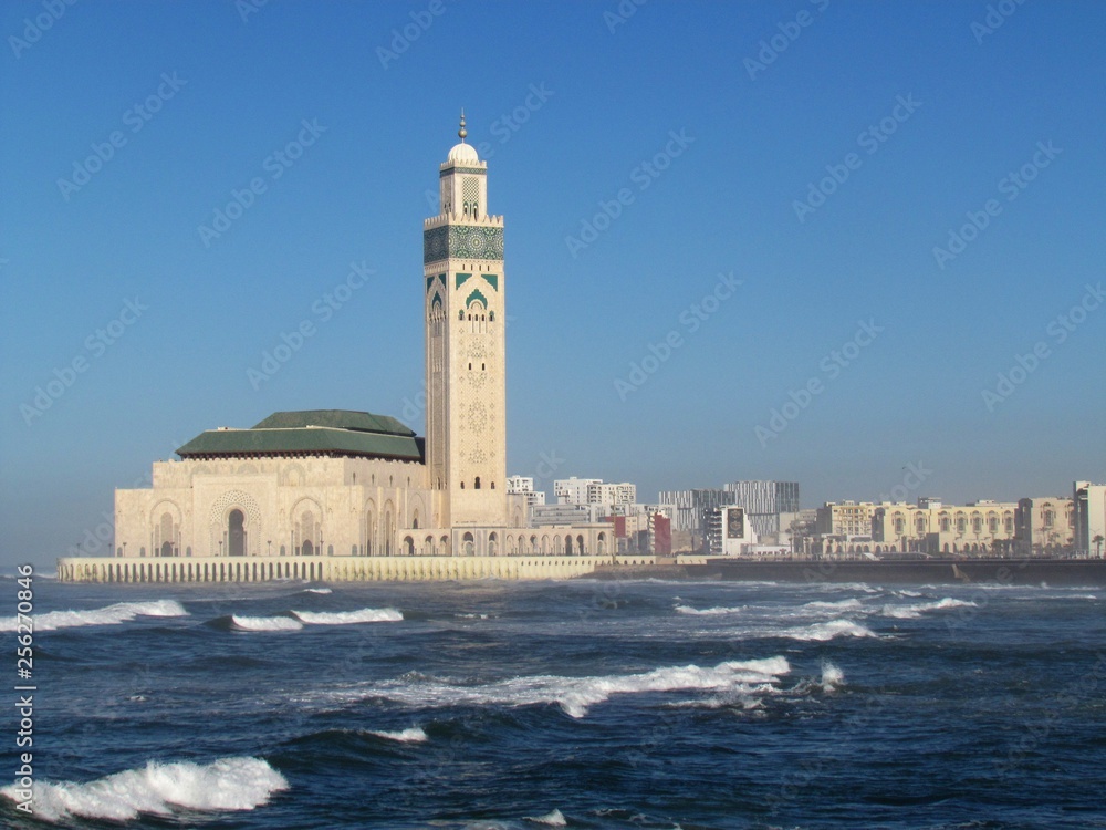 Details and peculiar angles of the Beautiful Mosque Hassan II during sunset. The Mosque in Casablanca is the third largest one in the world