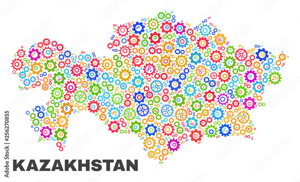 Mosaic technical Kazakhstan map isolated on a white background. Vector geographic abstraction in different colors. Mosaic of Kazakhstan map combined of scattered multi-colored cogwheel elements.