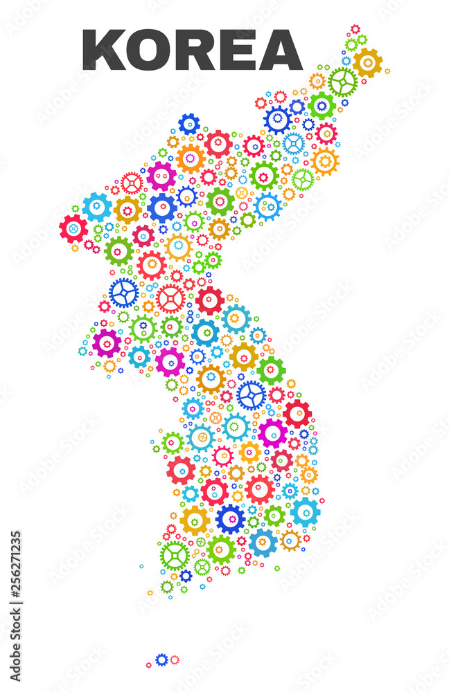 Mosaic technical Korea map isolated on a white background. Vector geographic abstraction in different colors. Mosaic of Korea map combined of random multi-colored cogwheel elements. Mosaic technical Korea map isolated on a white background. Vector geographic abstraction in different colors. Mosaic of Korea map combined of random multi-colored cogwheel elements.