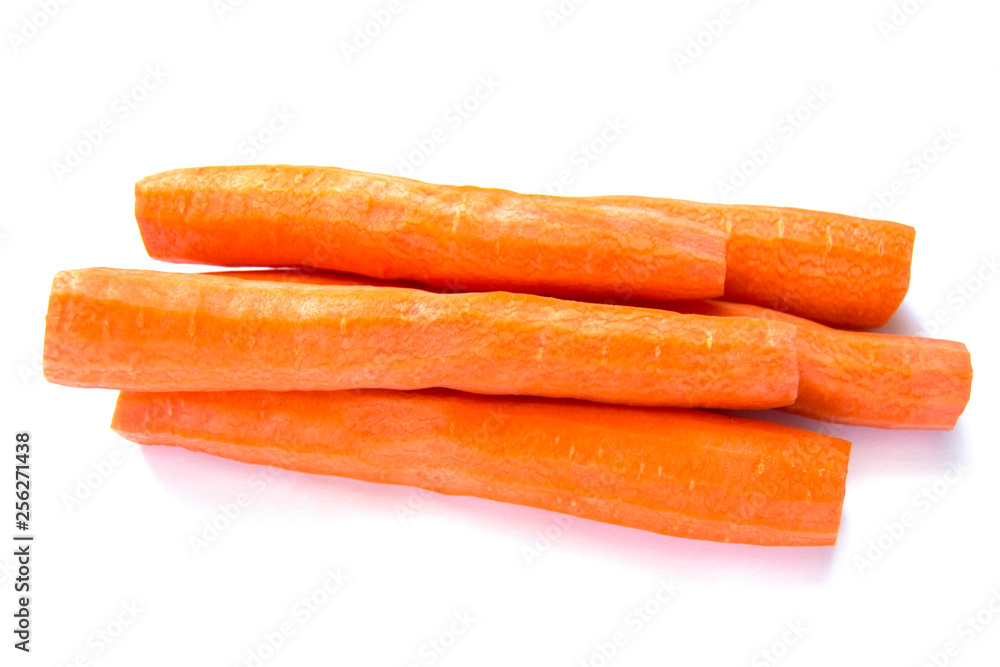 Juicy peeled carrots on a white background