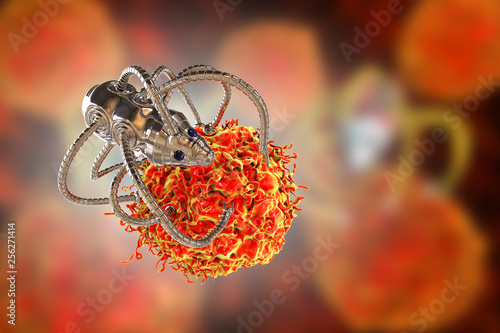 Nanobot attacking cancer cell, nanotechnology medical concept, 3D illustration. Nano sized robots developed to treat cancer photo