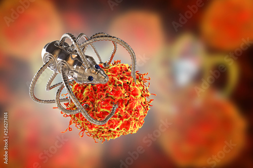 Canvas Print Nanobot attacking cancer cell, nanotechnology medical concept, 3D illustration