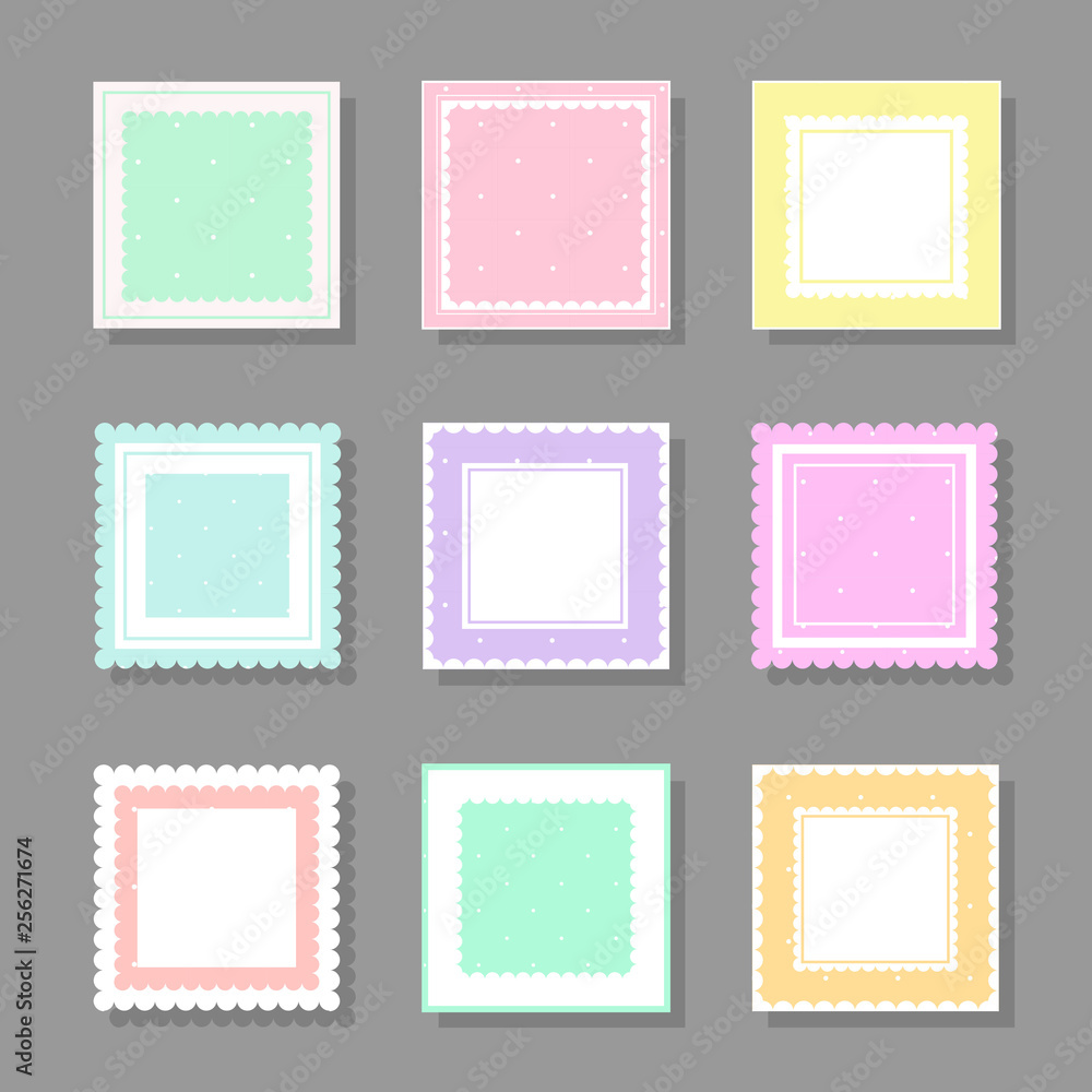 Collection of square cute frames. It are filled with a pattern in polka dots and also decorated with frills. Suitable for girls and children Collection of square cute frames. It are filled with a pattern in polka dots and also decorated with frills. Suitable for girls and children