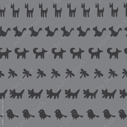 Seamless pattern. Rows of cute cartoon animals and pets. Vector illustration