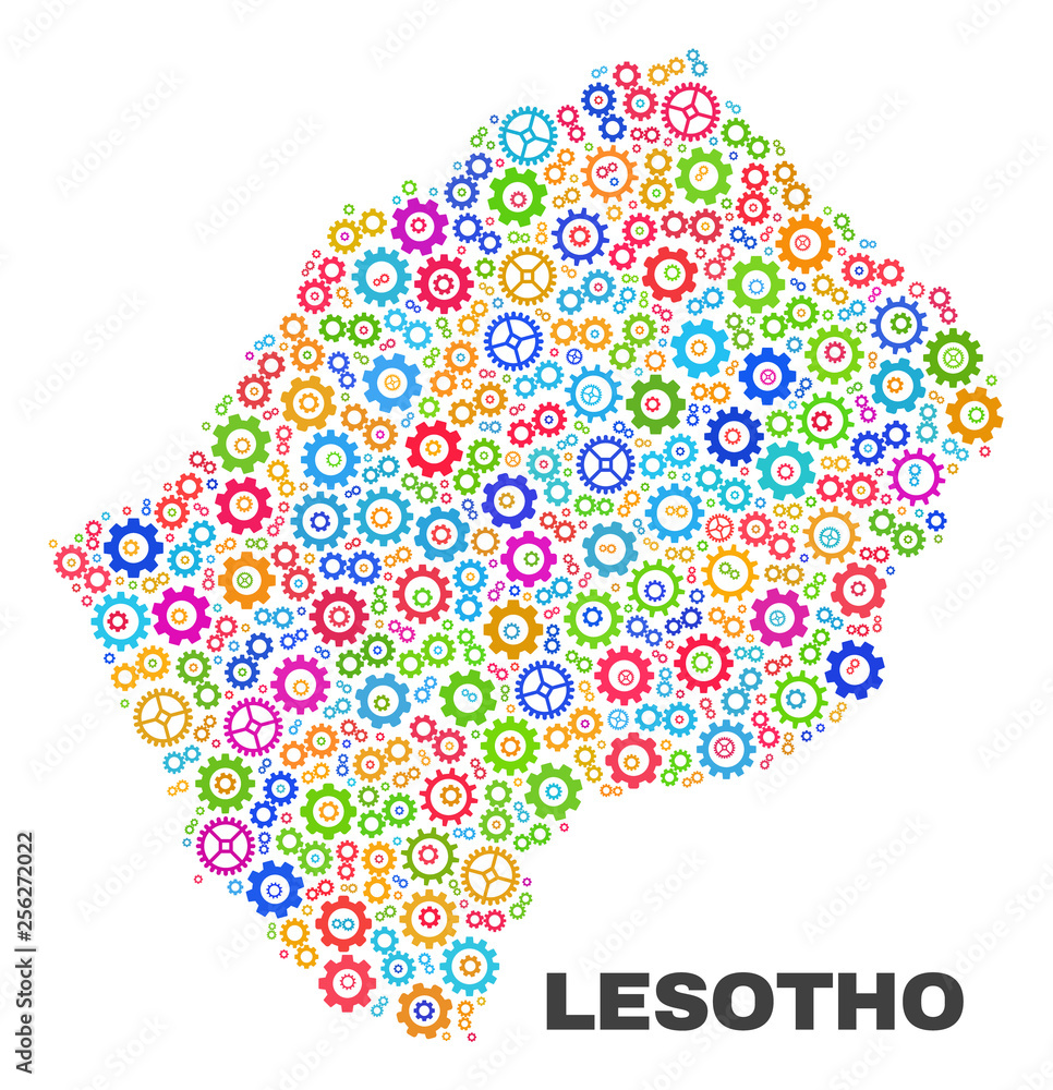 Mosaic technical Lesotho map isolated on a white background. Vector geographic abstraction in different colors. Mosaic of Lesotho map designed from scattered multi-colored gear items. Mosaic technical Lesotho map isolated on a white background. Vector geographic abstraction in different colors. Mosaic of Lesotho map designed from scattered multi-colored gear items.