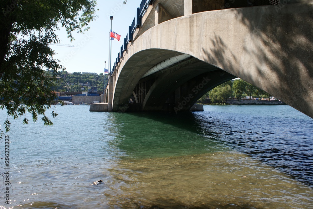 concrete bridge, arch, parabola on the blue river concrete bridge, river and blue sky, structural steel, architecture and engineering