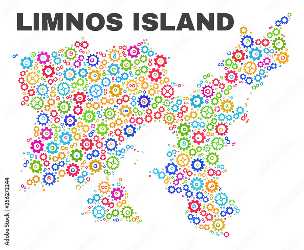 Mosaic technical Limnos Island map isolated on a white background. Vector geographic abstraction in different colors. Mosaic of Limnos Island map combined of scattered bright cog items.