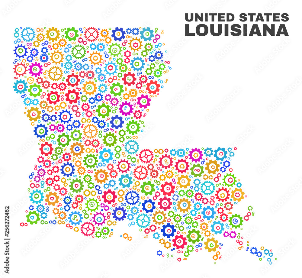 Mosaic technical Louisiana State map isolated on a white background. Vector geographic abstraction in different colors. Mosaic of Louisiana State map combined of random multi-colored gearwheel items.