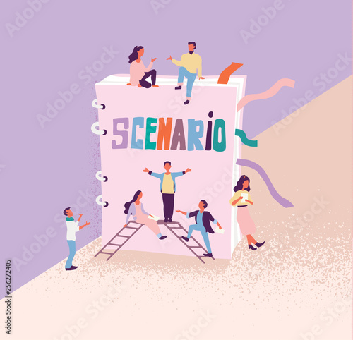 Flat vector illustration of artists and film or drama thater director who teach roles against the background of the scenario. Script reading concept for art project, films, theaters.