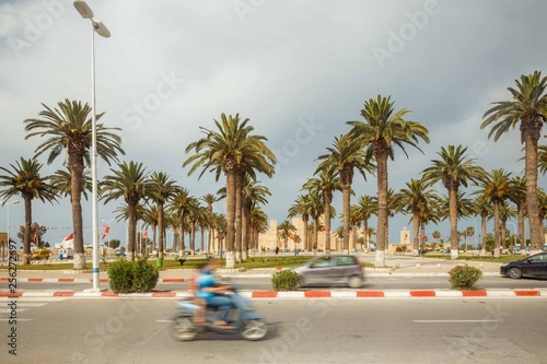 Palm trees in the town square. Cityscape of Monastir. Traffic on the roads in the cities of Tunisia, North Africa