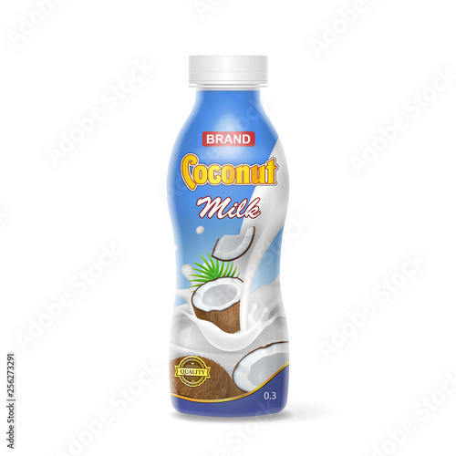 Coconut milk plastic bottle package design. Vector illustration
