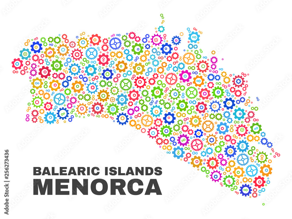 Mosaic technical Menorca Island map isolated on a white background. Vector geographic abstraction in different colors. Mosaic of Menorca Island map combined of scattered bright wheel elements. Mosaic technical Menorca Island map isolated on a white background. Vector geographic abstraction in different colors. Mosaic of Menorca Island map combined of scattered bright wheel elements.