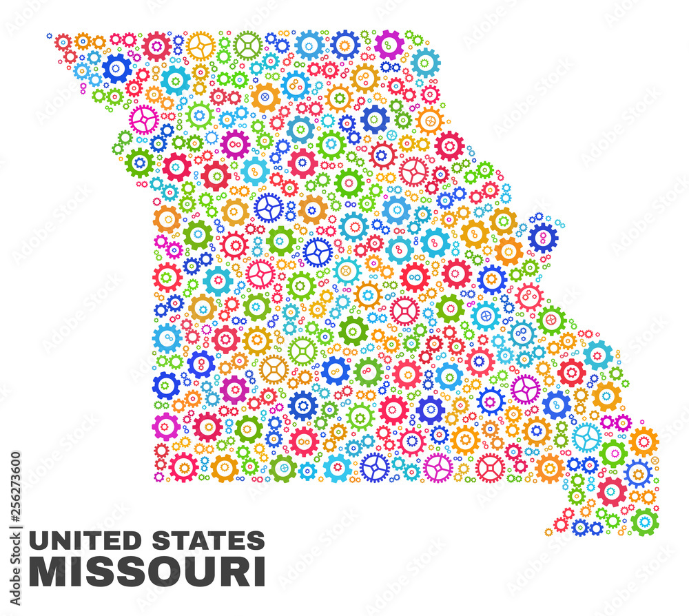 Mosaic technical Missouri State map isolated on a white background. Vector geographic abstraction in different colors. Mosaic of Missouri State map combined of scattered multi-colored cog items.
