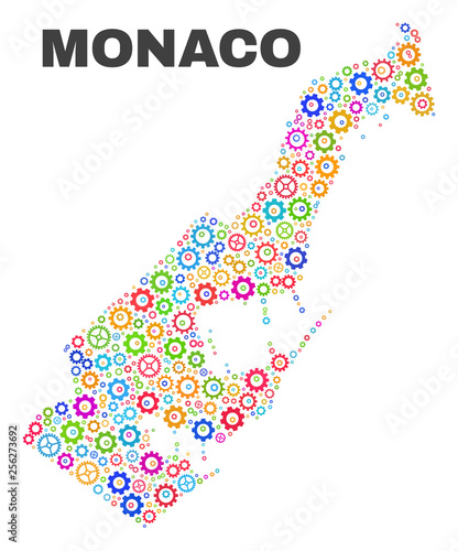 Mosaic technical Monaco map isolated on a white background. Vector geographic abstraction in different colors. Mosaic of Monaco map combined of random multi-colored cog items.