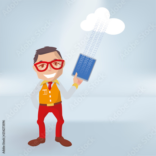 Männchen mit Tablet, Cloud  und Upload