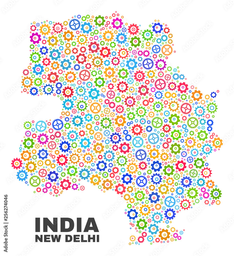 Mosaic technical New Delhi City map isolated on a white background. Vector geographic abstraction in different colors. Mosaic of New Delhi City map combined of scattered multi-colored cogwheel items.