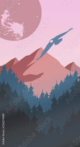 pink landscape with rock and eagle