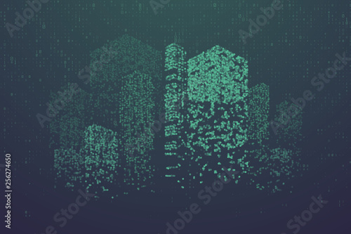 Glowing particles in form of futuristic city skyline. Futuristic dots pattern, abstract binary code  illustration