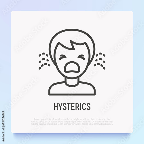 Human in hysterics, crying child thin line icon. Modern vector illustration of negative emotion.