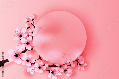 illustration of paper art and craft circle border spring season cherry blossom concept,Springtime with sakura branch, Floral Cherry blossom with pink flowers on place text space background,vector.