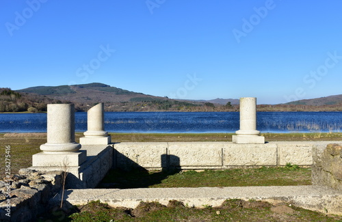 Roman ruins with lake. Aquis Querquennis archaeological site. Baños de Bande, Orense, Spain. photo