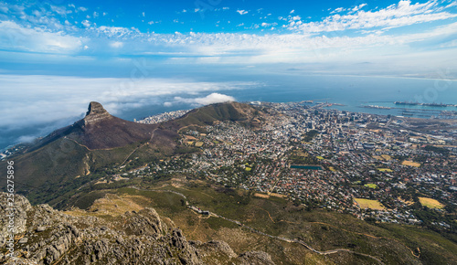 Panoramic view of Cape Town, Lion's Head and Signal Hill from the top of Table Mountain.