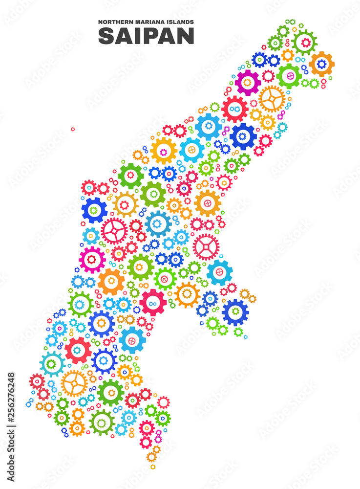 Mosaic technical Saipan Island map isolated on a white background. Vector geographic abstraction in different colors. Mosaic of Saipan Island map combined of scattered multi-colored cog elements.