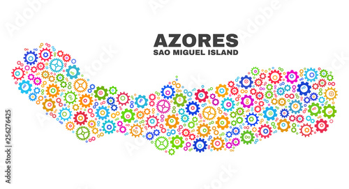 Mosaic technical Sao Miguel Island map isolated on a white background. Vector geographic abstraction in different colors. Mosaic of Sao Miguel Island map combined of random multi-colored cog elements.