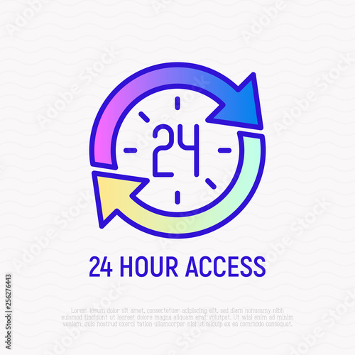 24 hour access thin line icon: clock in arrows. Modern vector illustration of day and night service.
