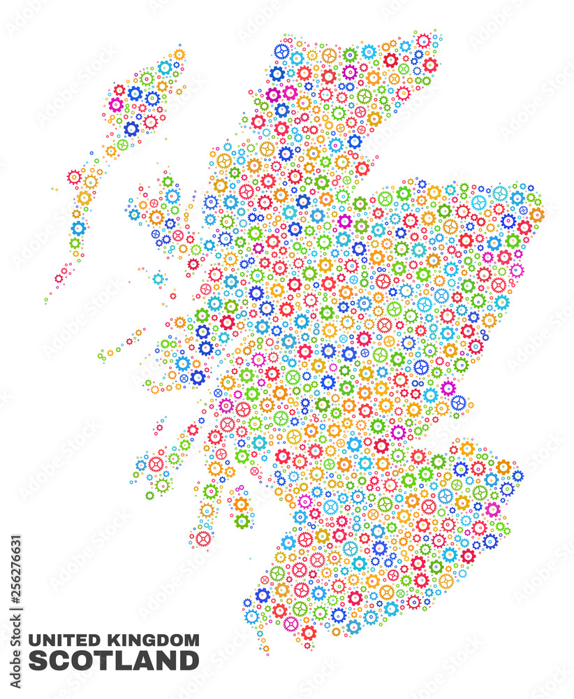 Mosaic technical Scotland map isolated on a white background. Vector geographic abstraction in different colors. Mosaic of Scotland map designed from random multi-colored cog items.