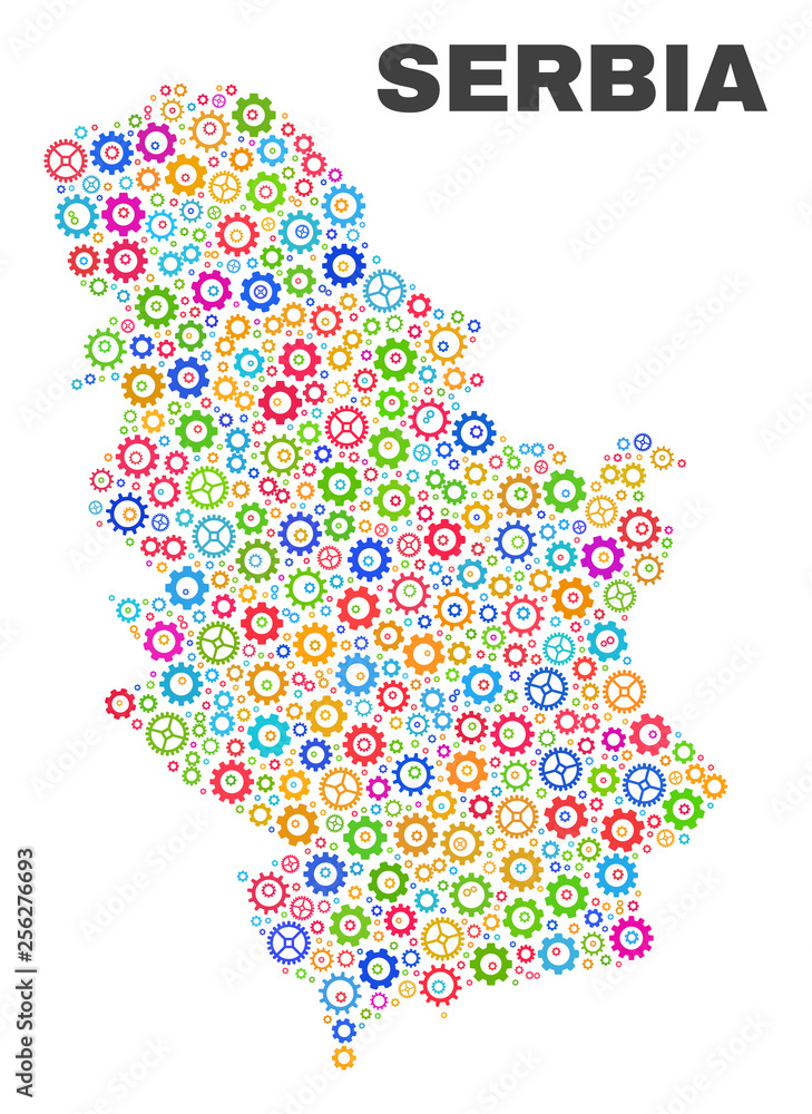 Mosaic technical Serbia map isolated on a white background. Vector geographic abstraction in different colors. Mosaic of Serbia map combined of random multi-colored gear items. Mosaic technical Serbia map isolated on a white background. Vector geographic abstraction in different colors. Mosaic of Serbia map combined of random multi-colored gear items.