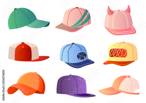 Colorful baseball caps set isolated on white background