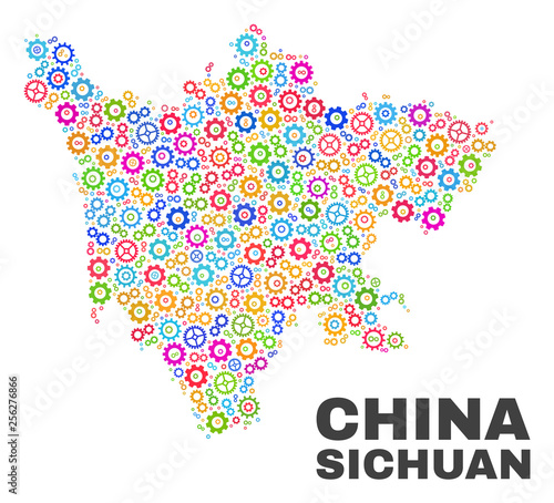 Mosaic technical Sichuan Province map isolated on a white background. Vector geographic abstraction in different colors. Mosaic of Sichuan Province map combined of random multi-colored cog items.