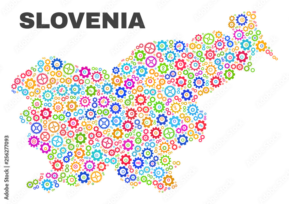 Mosaic technical Slovenia map isolated on a white background. Vector geographic abstraction in different colors. Mosaic of Slovenia map combined of scattered bright cogwheel elements.