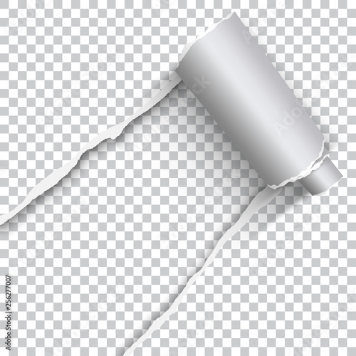 Vector torn hole of lower left corner of transparent sheet with paper curl and white background of the resulting window.