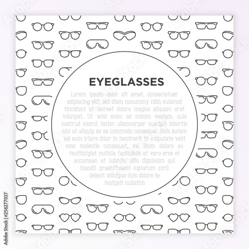 Eyeglasses concept with thin line icons: sunglasses, sport glasses, rectangular, aviator, wayfarer, round, square, cat eye, oval, extravagant, big size. Vector illustration for banner, print media. photo