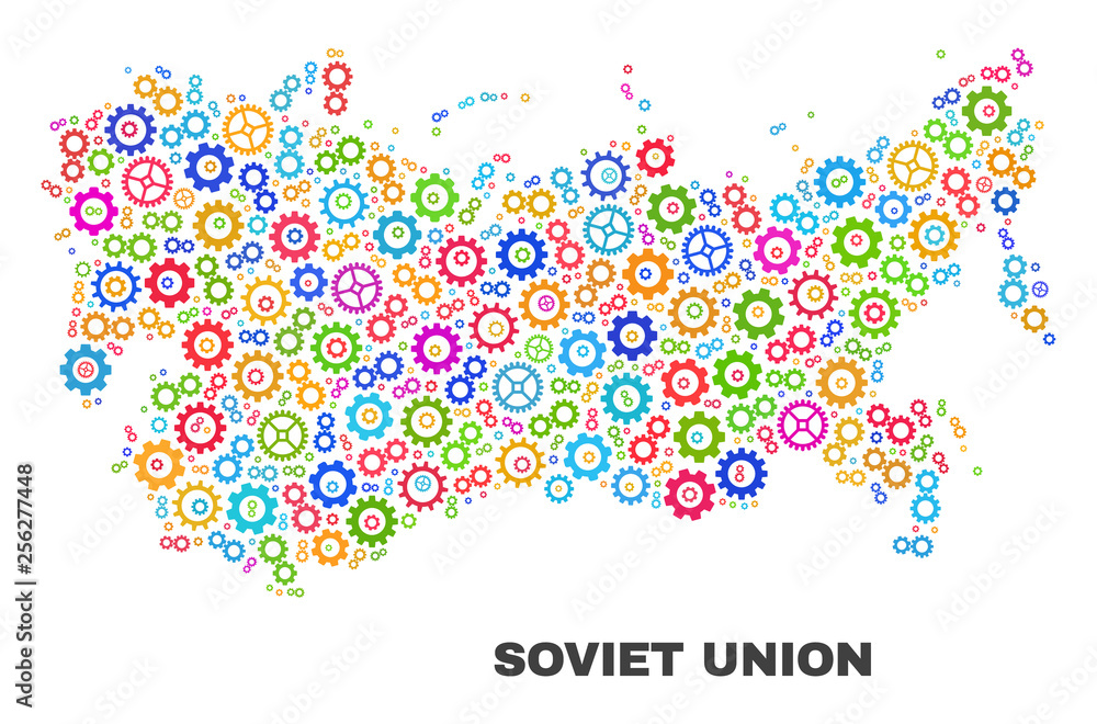 Mosaic technical Soviet Union map isolated on a white background. Vector geographic abstraction in different colors. Mosaic of Soviet Union map combined of scattered multi-colored cog elements.