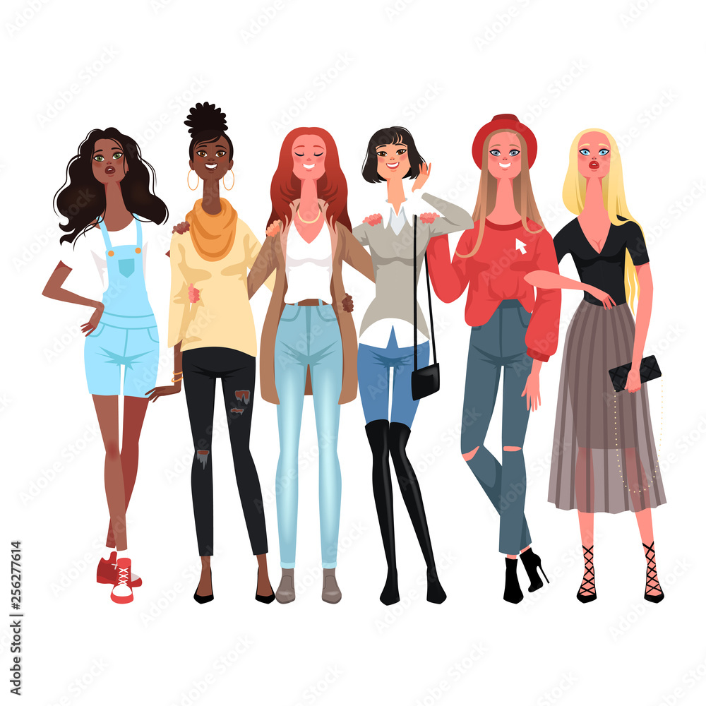 Obraz premium Group of cheerful young women in fashionable clothes. Girls are friends