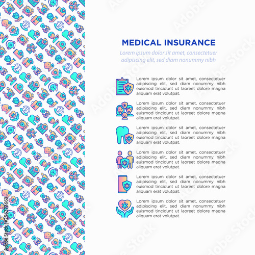 Medical insurance concept with thin line icons: policy, life insurance, psychological support, maternity program, 24/7 support, mobile app, telemedicine. Vector illustration, template for print media.