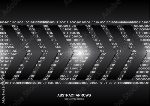 Creative geometric black arrows. Abstract dark background with highlights, numeric computer code. Vector illustration for your design.