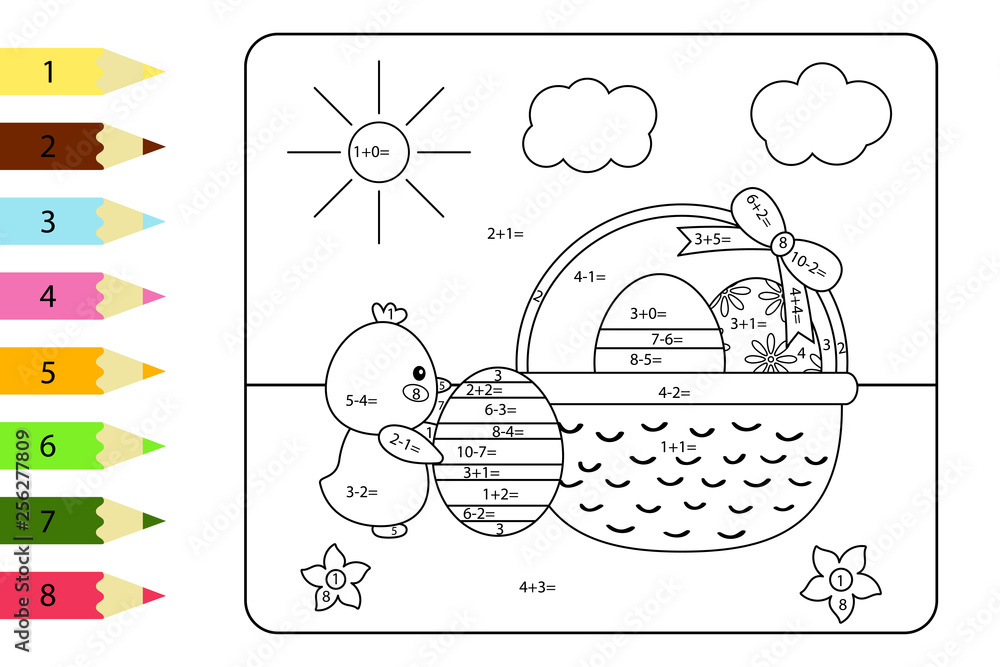 educational coloring page for preschool kids paint color by subtraction and addition numbers vector kawaii chick with basket of easter eggs stock vector adobe stock