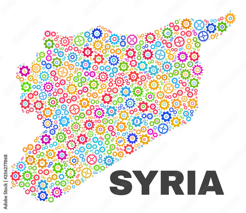 Mosaic technical Syria map isolated on a white background. Vector geographic abstraction in different colors. Mosaic of Syria map combined of scattered colorful wheel elements.