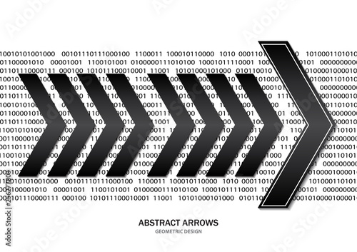 Creative geometric black arrows. Abstract white background, numeric computer code. Vector illustration for your design.