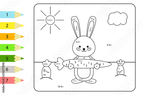Educational coloring page for preschool kids. Paint color by subtraction and addition numbers. Vector kawaii rabbit with carrots. Spring theme.