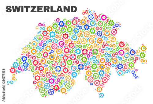 Mosaic technical Switzerland map isolated on a white background. Vector geographic abstraction in different colors. Mosaic of Switzerland map combined of scattered bright gearwheel items.